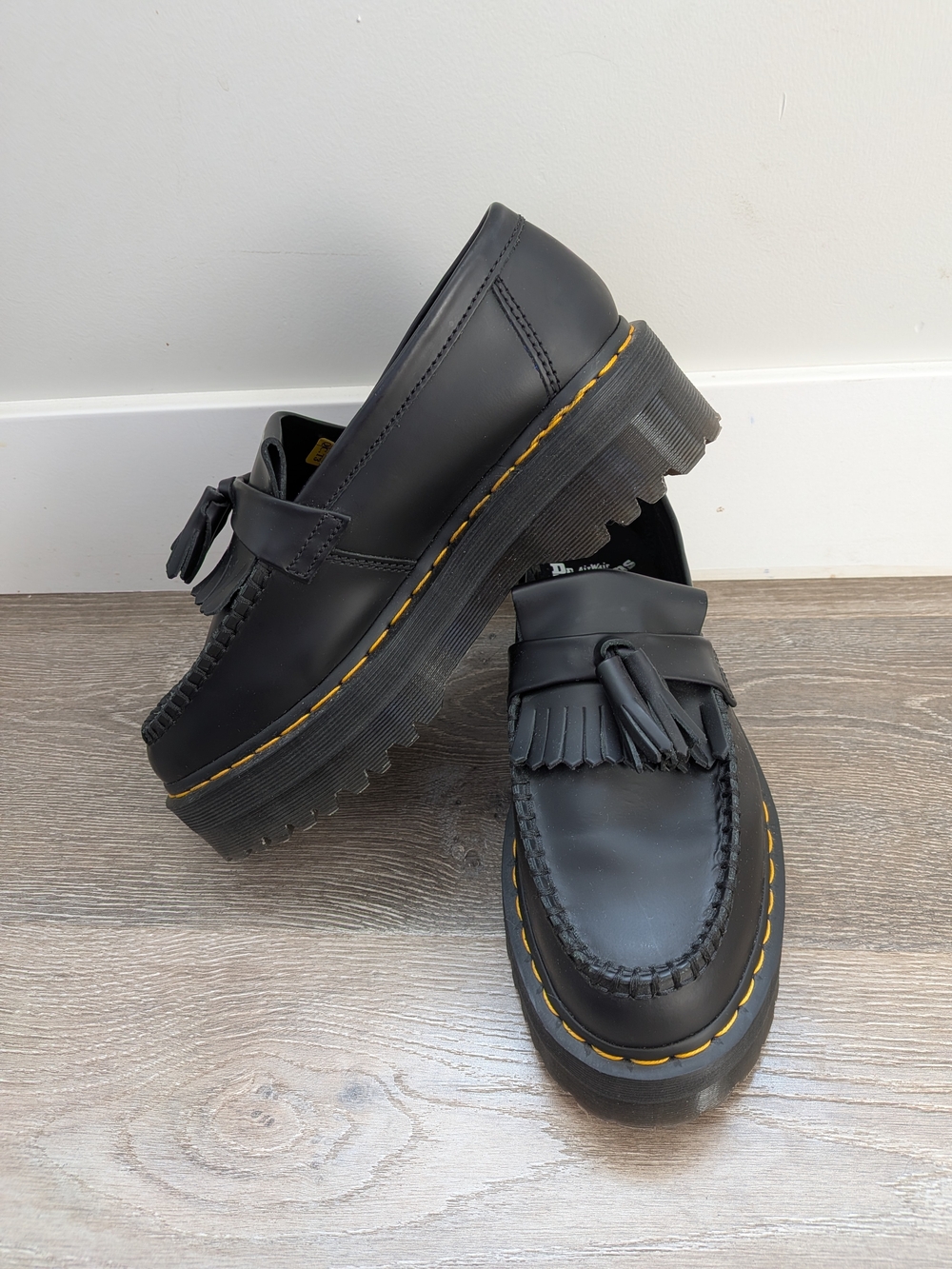 Dr. Martens Black Leather Tassel Platform Adrian Quad Loafers - Picture 2 of 7